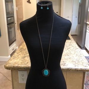 Long faux turquoise bronze tone 20” drop necklace with matching earrings.